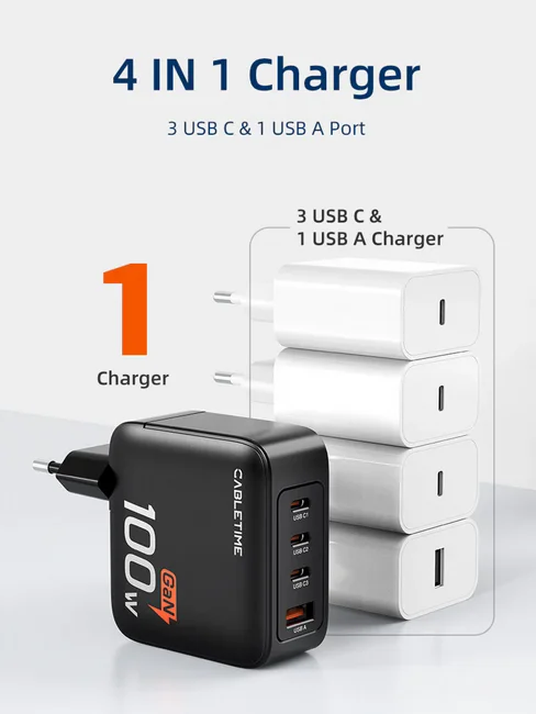 ���� ��� ��� CABLETIME 100W 3xUSB-C+1xUSB-A CT-GAN100-PB
